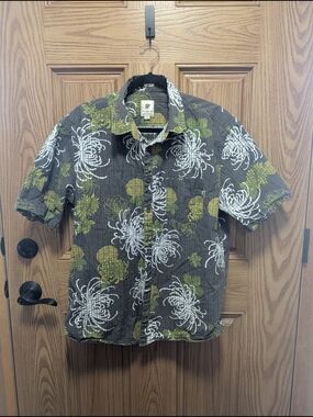 Men's Short-Sleeve Floral Button-Down Shirt — Olive & Gray XL Slim Fit